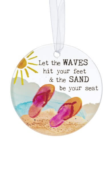 Round hanging ornament with beach scene, flip-flops, sun, and a seaside quote.