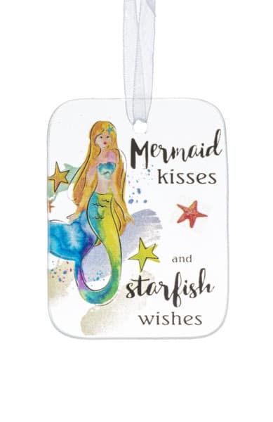 Rectangular hanging ornament with watercolor mermaid and the phrase Mermaid kisses and starfish wishes.