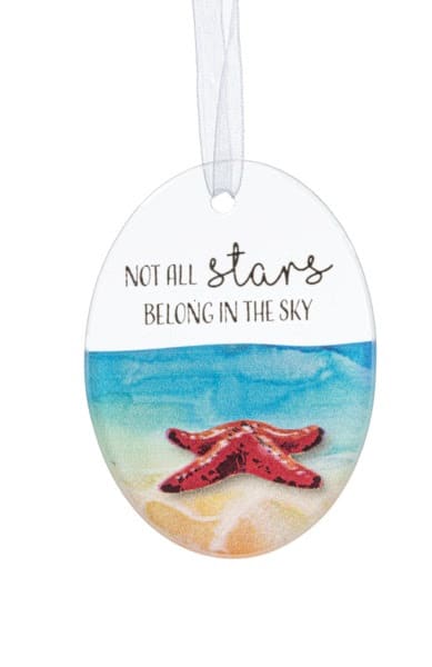 Oval beach-themed ornament with red starfish, blue water, and the phrase “Not all stars belong in the sky.”