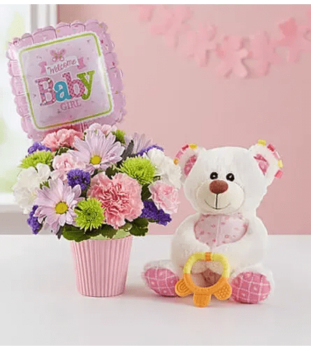 Welcome Baby Girl Luxe Gift Set - Welcome that new baby girl with love with this cute 3 in 1 gift set. Includes, flower arrangement, soft bear with teething ring and a balloon. 