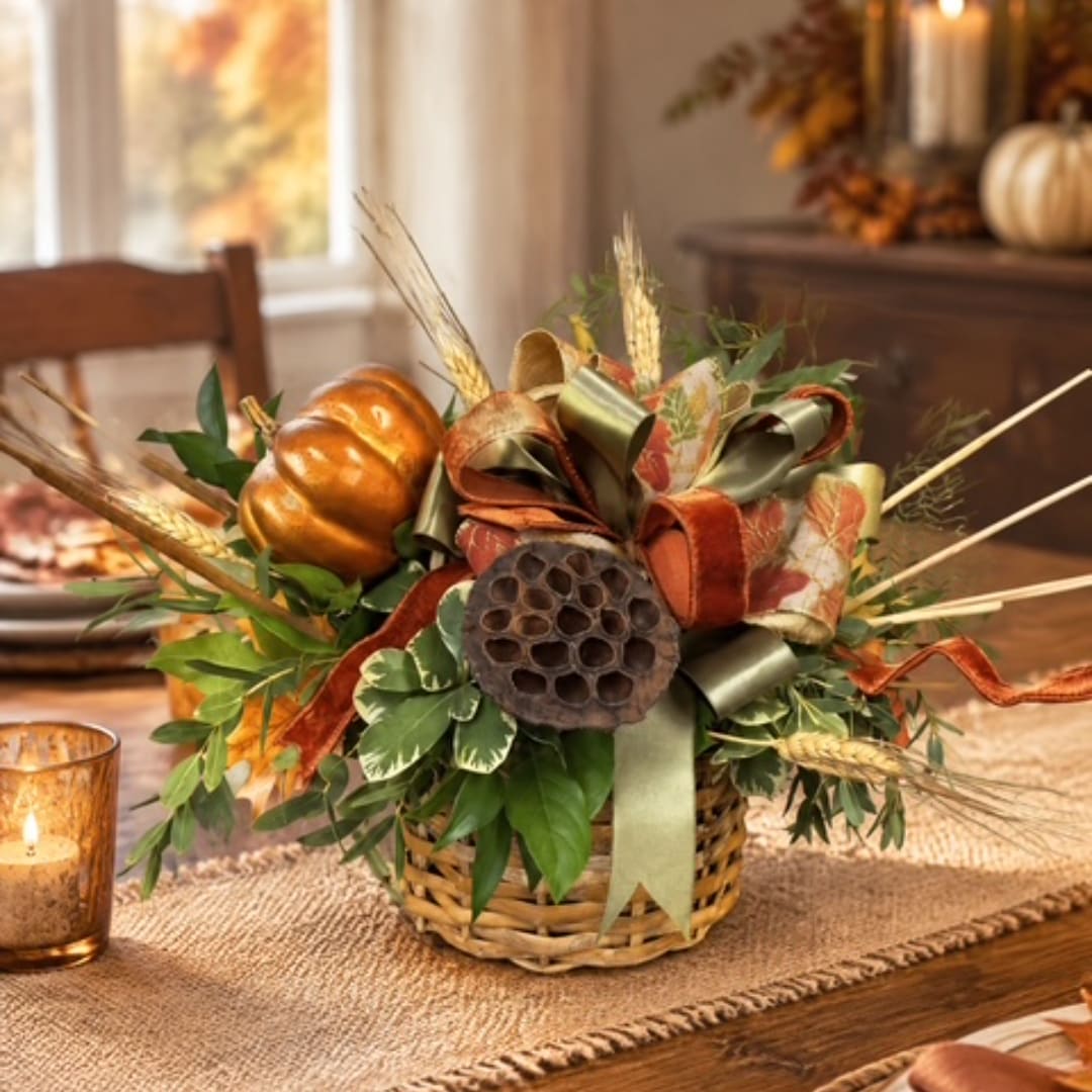Autumn basket arrangement with a pumpkin, ribbons, and wheat accents