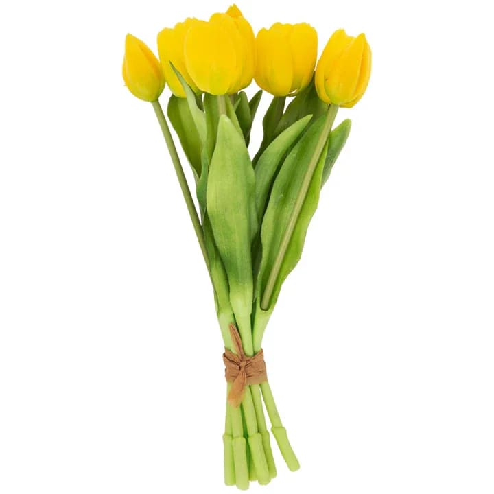 Bundle of yellow tulips tied with a brown ribbon