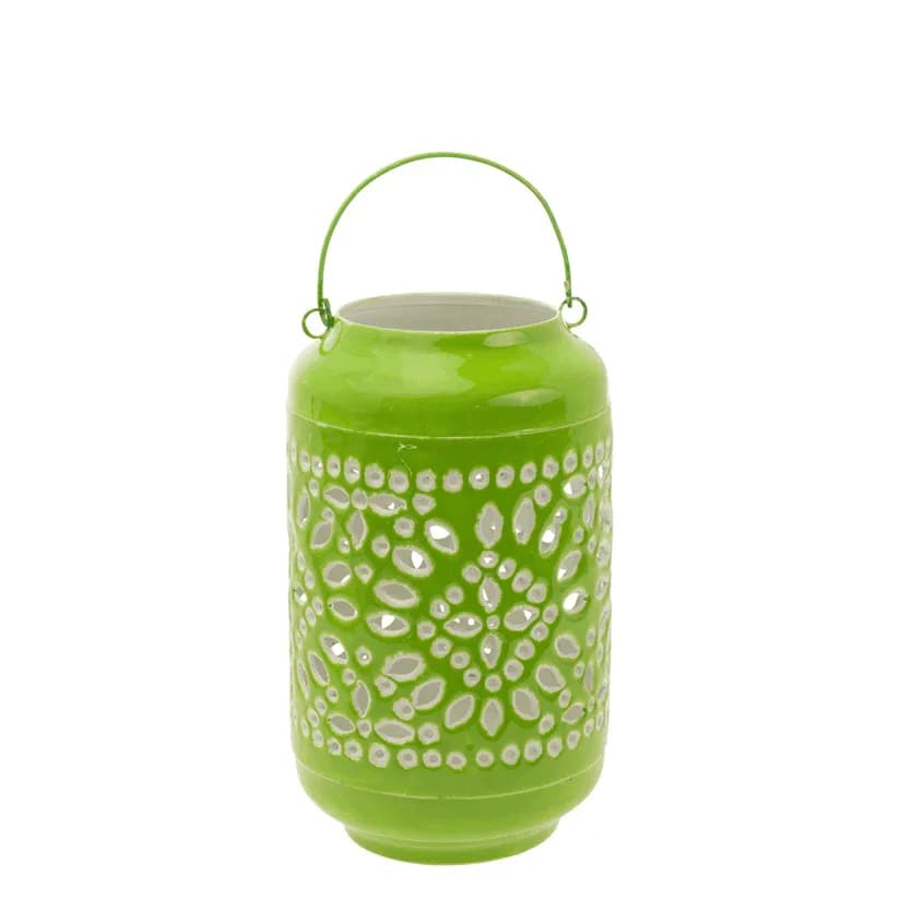 Green decorative lantern with a metal handle and cutout pattern