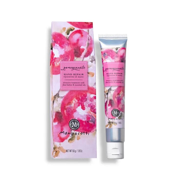 Pomegranate hand repair cream tube and matching box with pink floral artwork