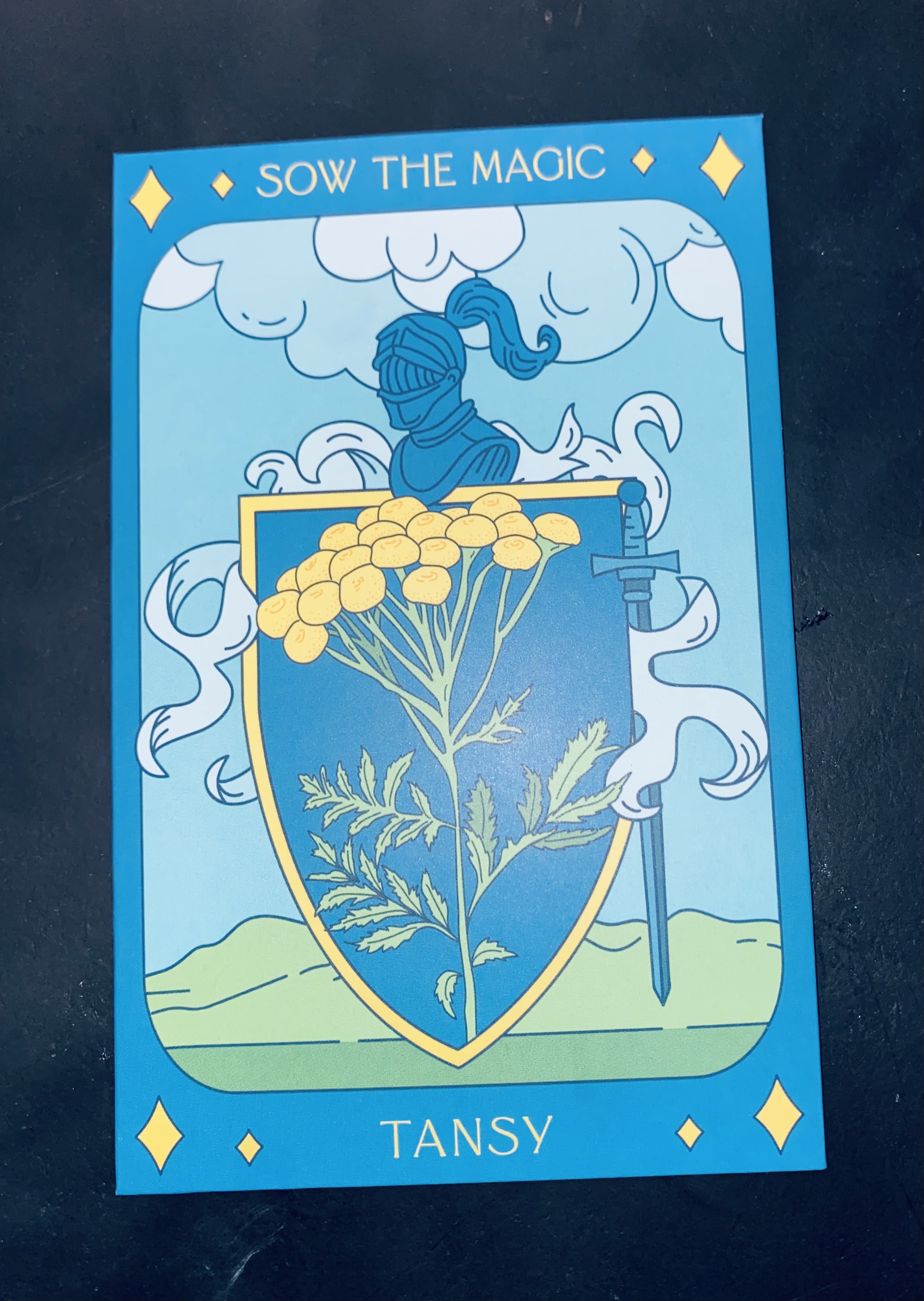 Illustrated tansy card with a shield and knight helmet