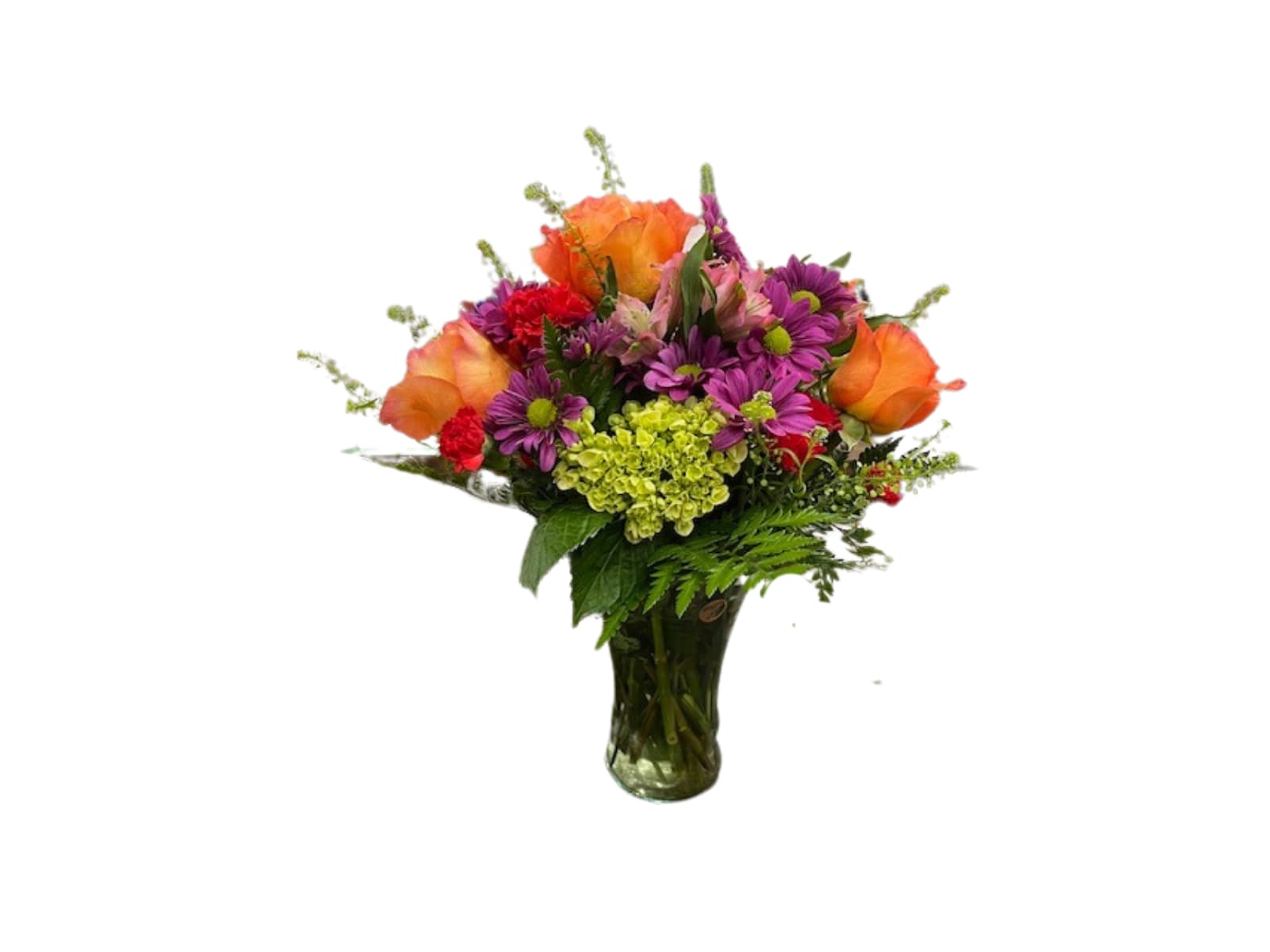 Mixed bouquet of orange roses, purple daisies, and red flowers in a glass vase