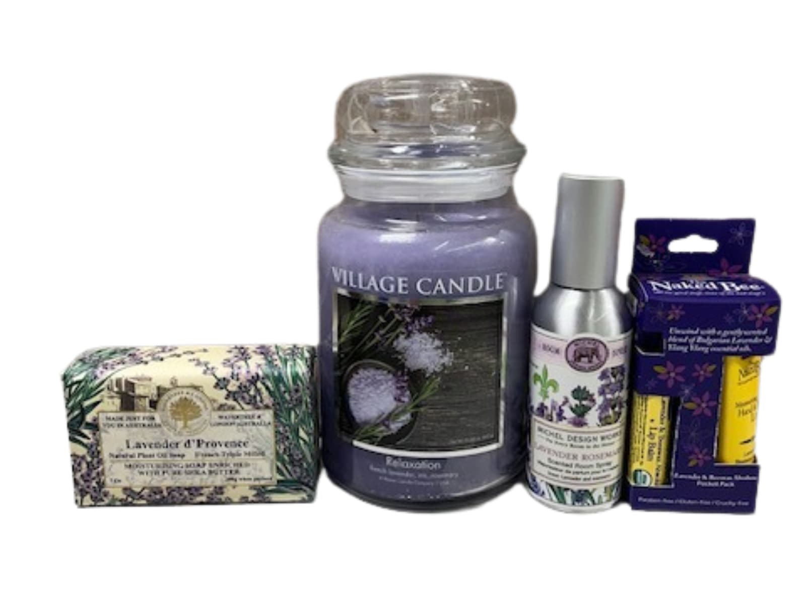 Lavender candle, soap, spray, and lip balm gift set