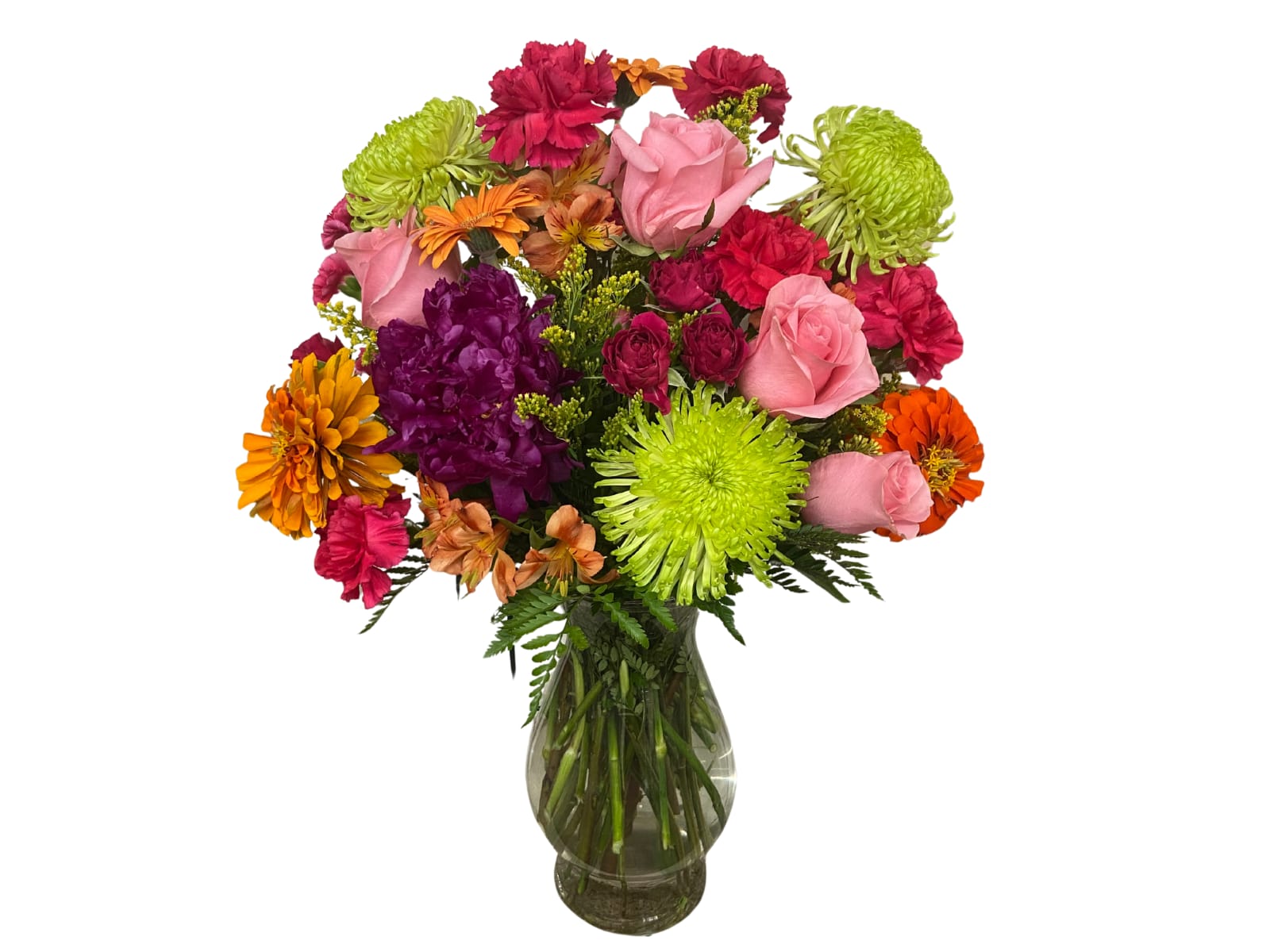 Mixed bouquet of roses and chrysanthemums in a glass vase
