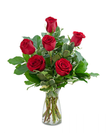 Six red roses in a clear glass vase