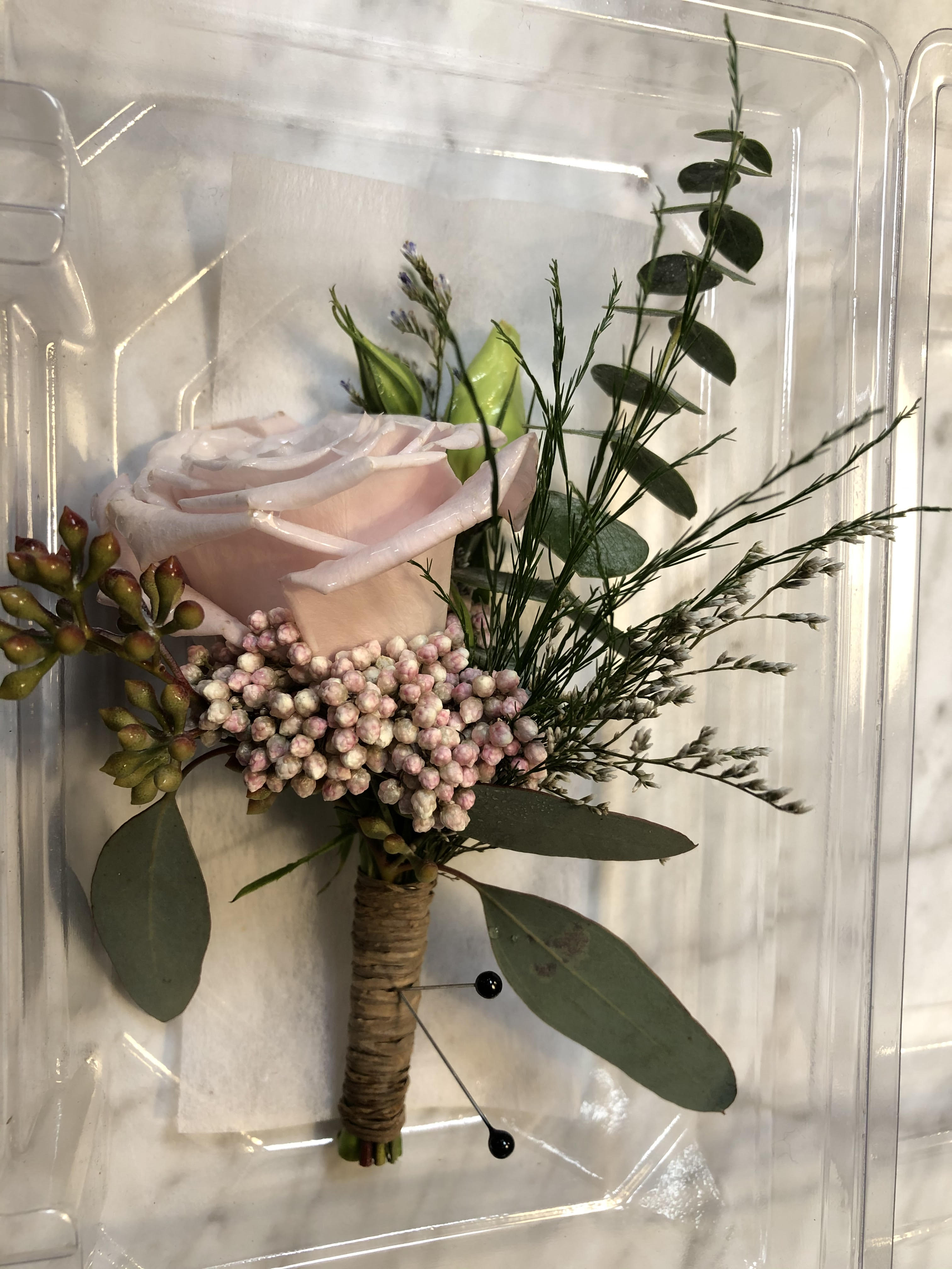 Single pale pink rose boutonniere with greenery and berries in a clear box