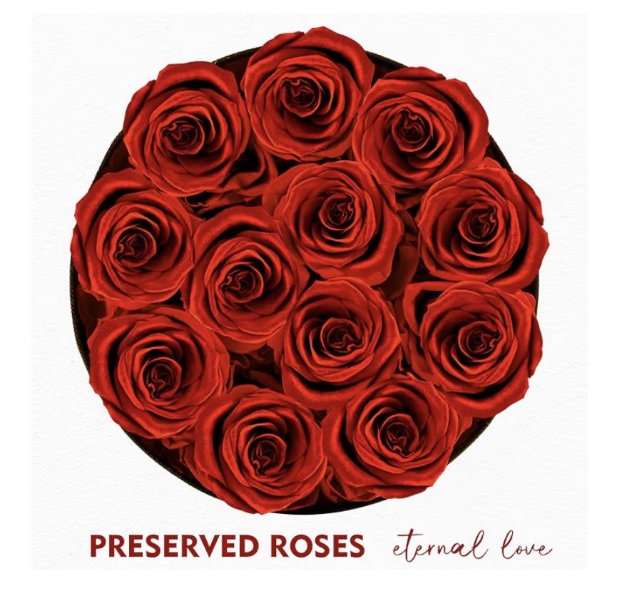 Round box of red roses arranged tightly together