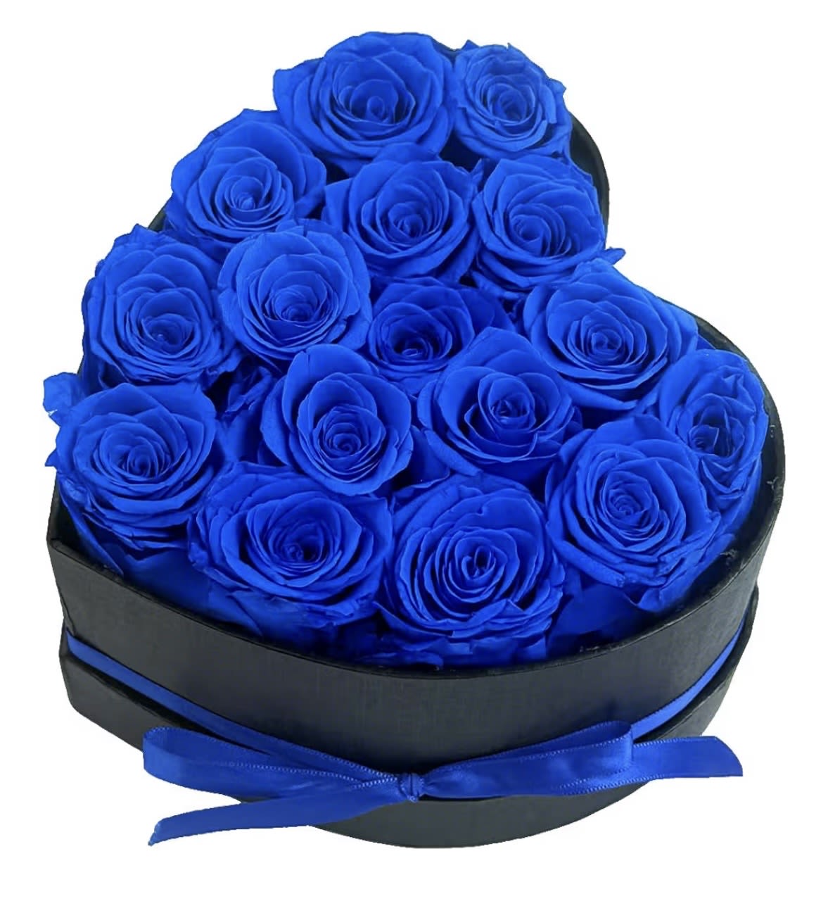 Heart-shaped box filled with bright blue roses and tied with a blue ribbon