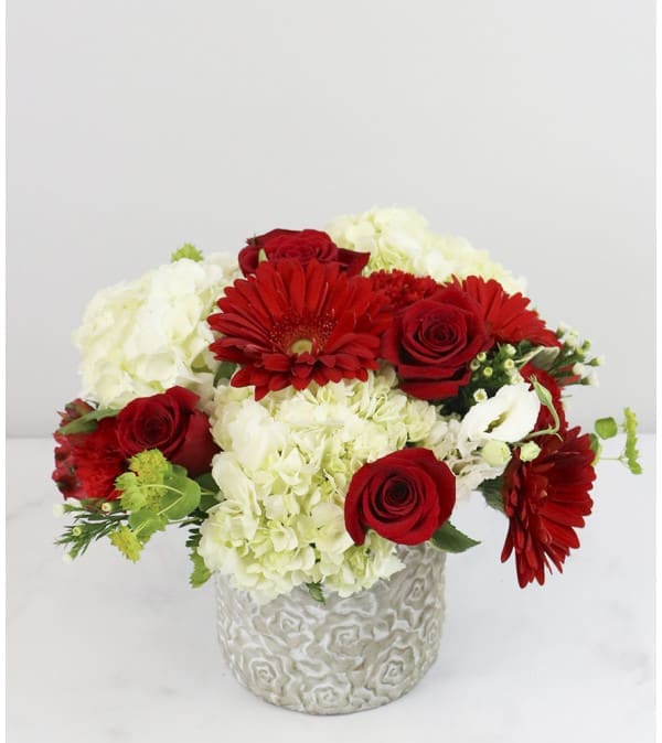 Red roses and gerbera daisies in a white textured vase with white hydrangeas