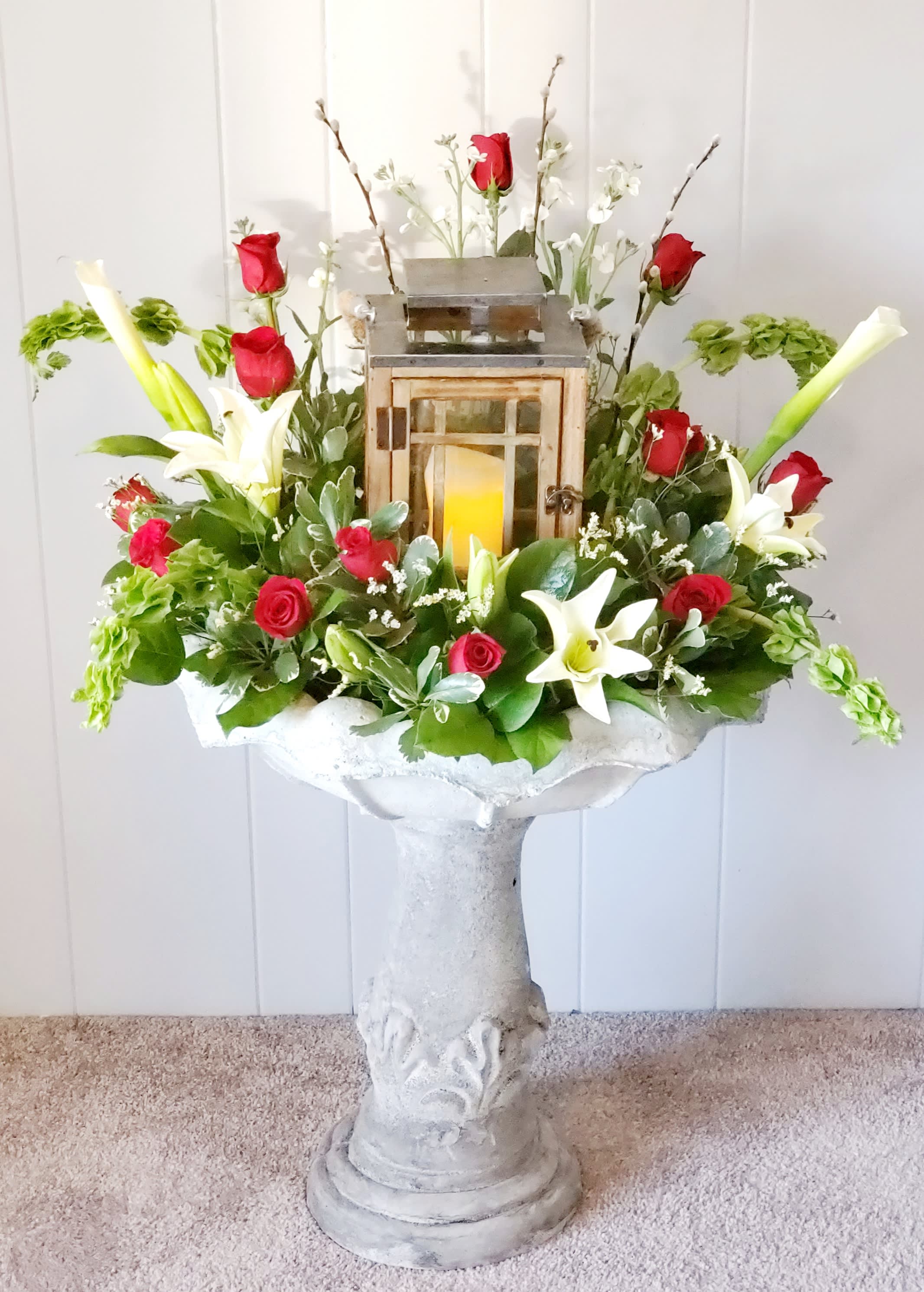 Pamela's Passionate Garden - Send a sweet sentimental arrangment in a cement birdbath that continues to hold life long memories.  
