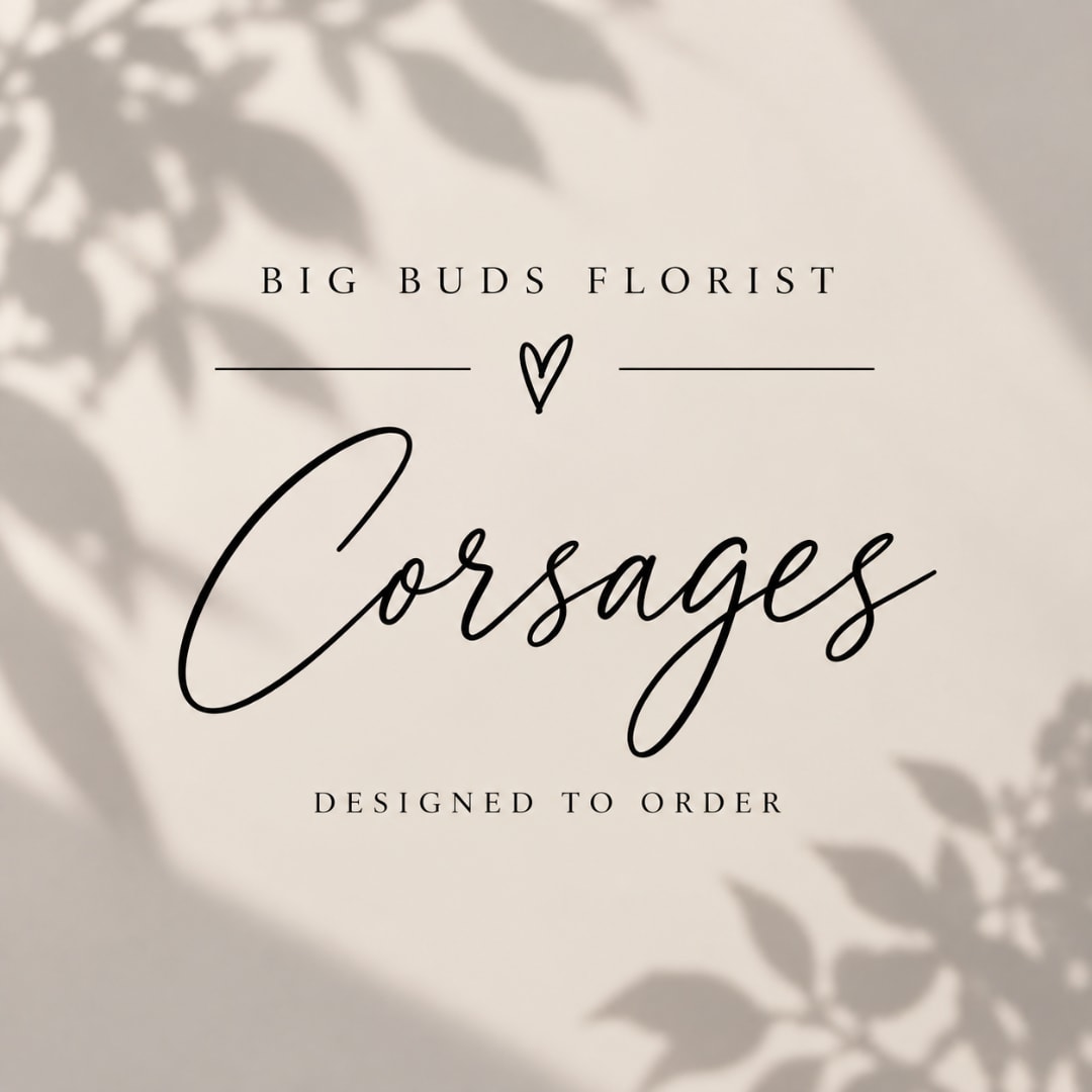 Text reading "Corsages" on a neutral background with leaf shadows