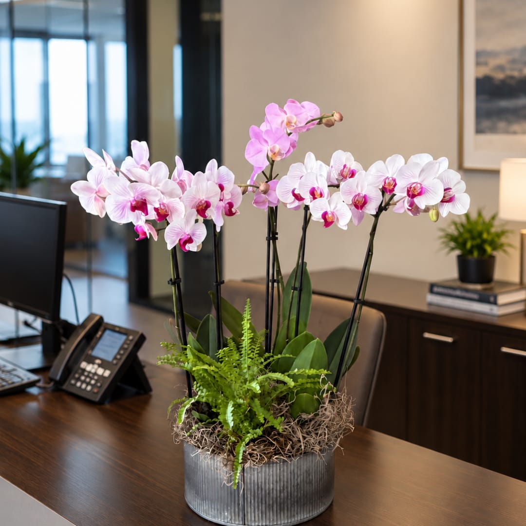 Pink and white orchids arranged in a ribbed metal pot