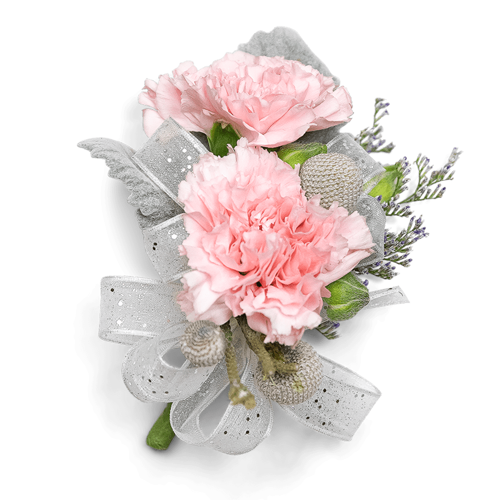 Pink carnation bouquet with silver ribbon and small filler flowers