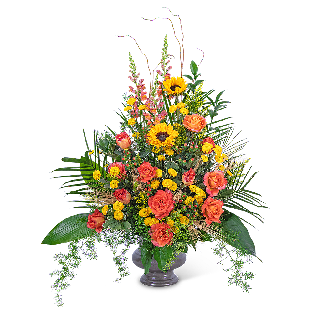 Tall bouquet of orange roses and yellow sunflowers in a gray vase