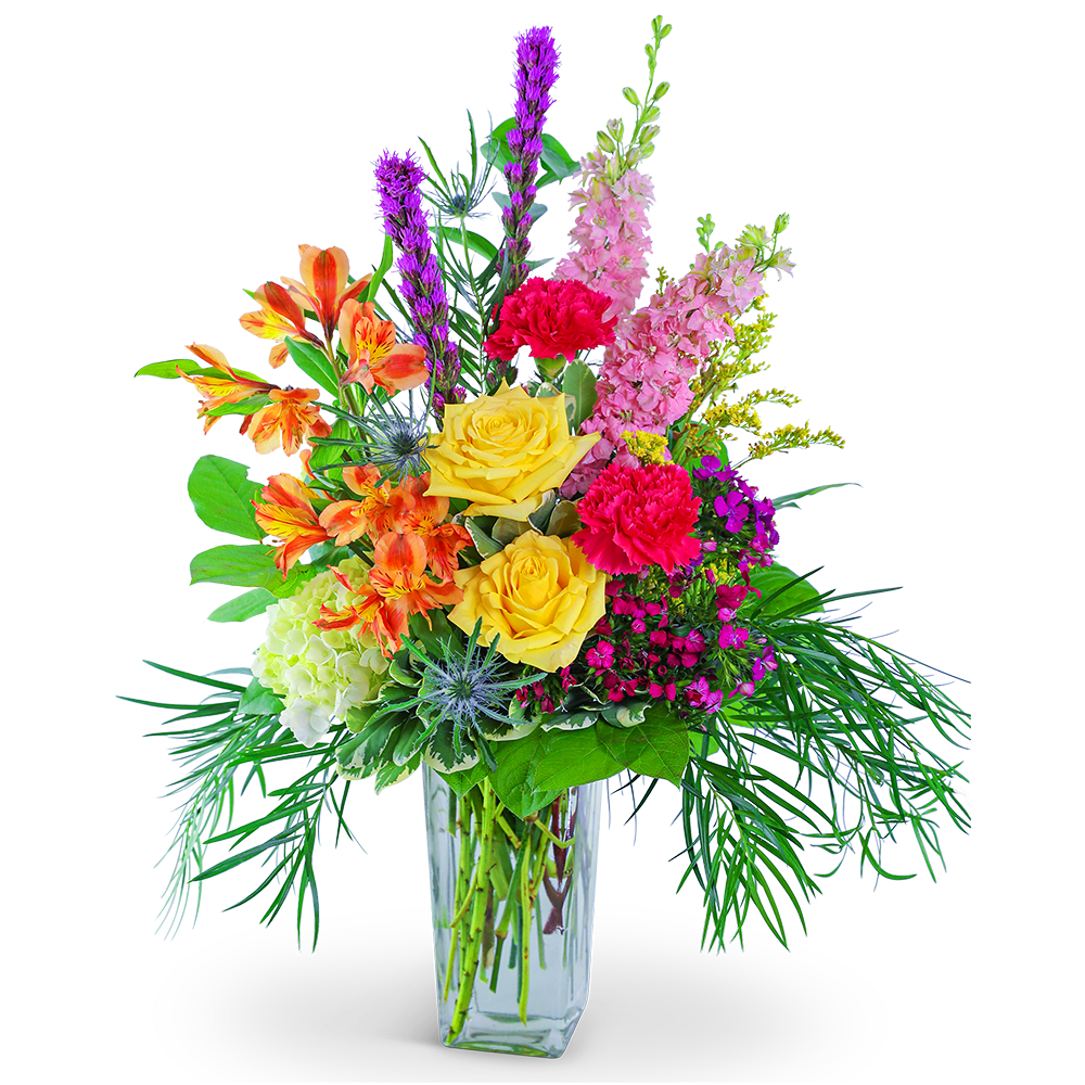 Colorful mixed bouquet in a clear glass vase