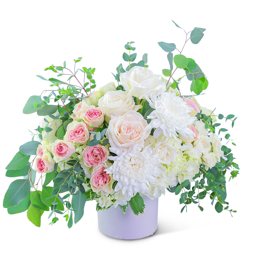 White and blush roses with white chrysanthemums in a white vase