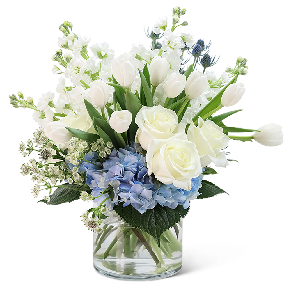 Breath of Fresh Air - Doesn't everyone need a Breath of Fresh Air delivered to their day? Everyone around will appreciate the beauty and fragrance of this magnificent floral design. This refreshing floral arrangement features long-lasting white roses, tulips, hydrangea, stock, astrantia, and eryngium. A Breath of Fresh Air is the perfect gift for a birthday, get well, or anniversary present to make your loved one feel extra special.