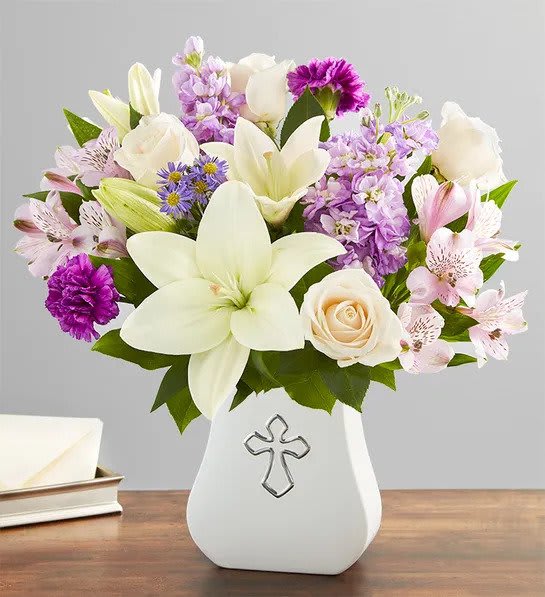 Sacred Blessings™ Lavender &amp; White - Send love and support with our soothing arrangement. Lavender and white blooms are hand-gathered in our Sacred Blessings Vase, featuring a silver embossed cross: an eternal symbol of hope. A truly touching gesture to comfort the people we care about.