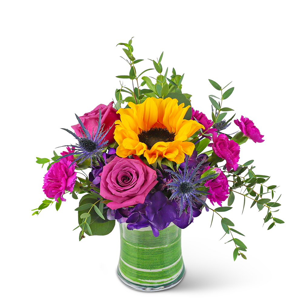 Sunny Blooms - Send a gift of style and elegance with Sunny Blooms. This stunning arrangement contains hydrangea, roses, carnations, and a bright sunflower, along with premium foliage. The bright color combination makes it the perfect get-well or birthday gift that will make their day. Sunny Blooms is a sunny, soft bouquet that is full of life and beauty.