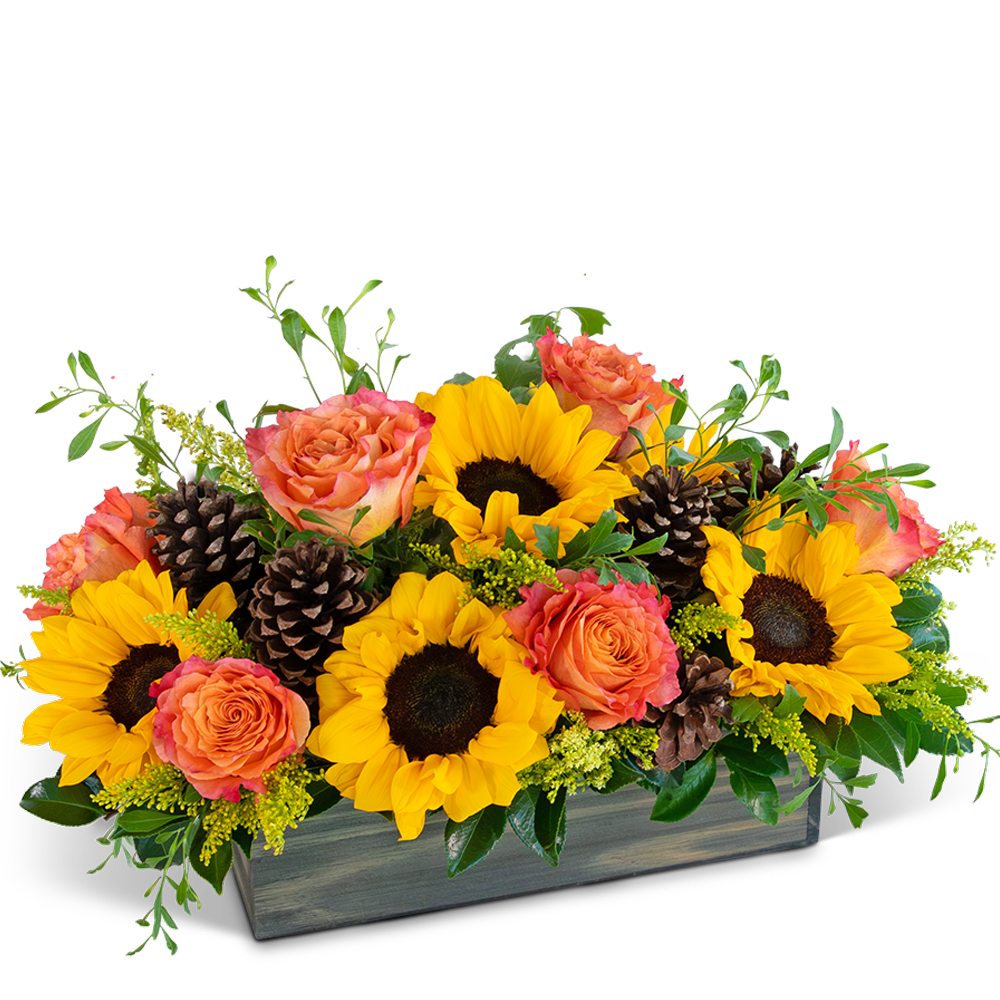 Sunflowers and peach roses arranged in a rectangular wooden box