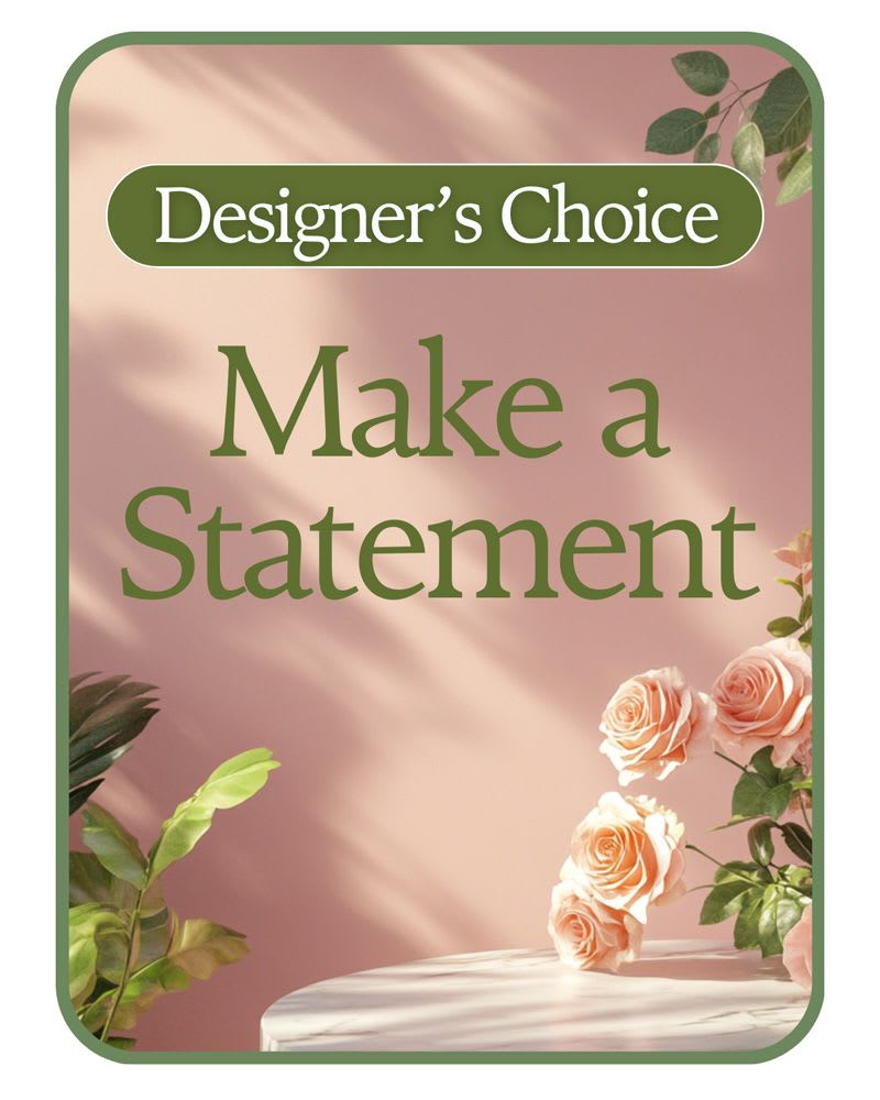 Designer’s Choice floral sign with peach roses on a pink background