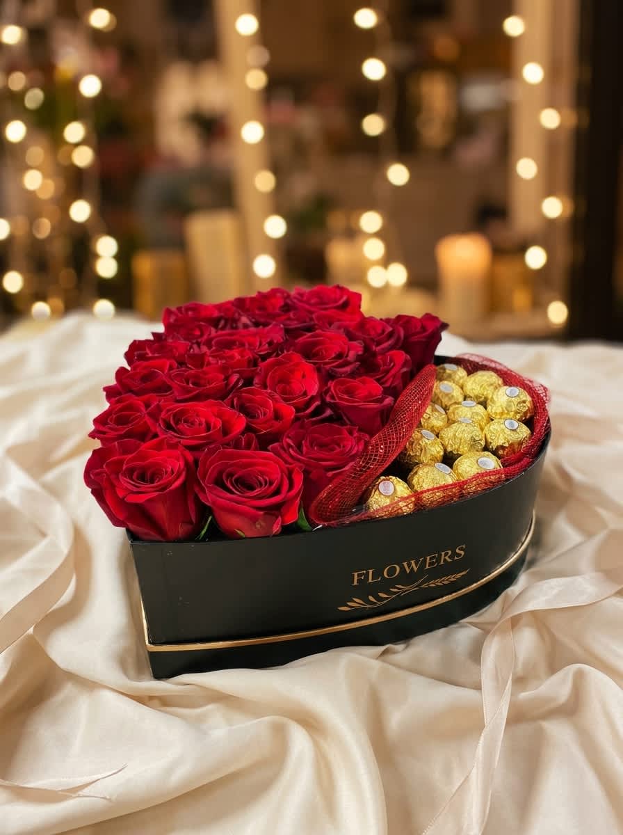 Roses and Chocolate in a Heart Box - Red roses and premium chocolate in a heart shaped box. Comes in three different sizes:  Premium: 25 roses and 12 chocolates (shown in photo) Deluxe: 18 roses and 10 chocolates Standard: 12 roses and 10 chocolates 