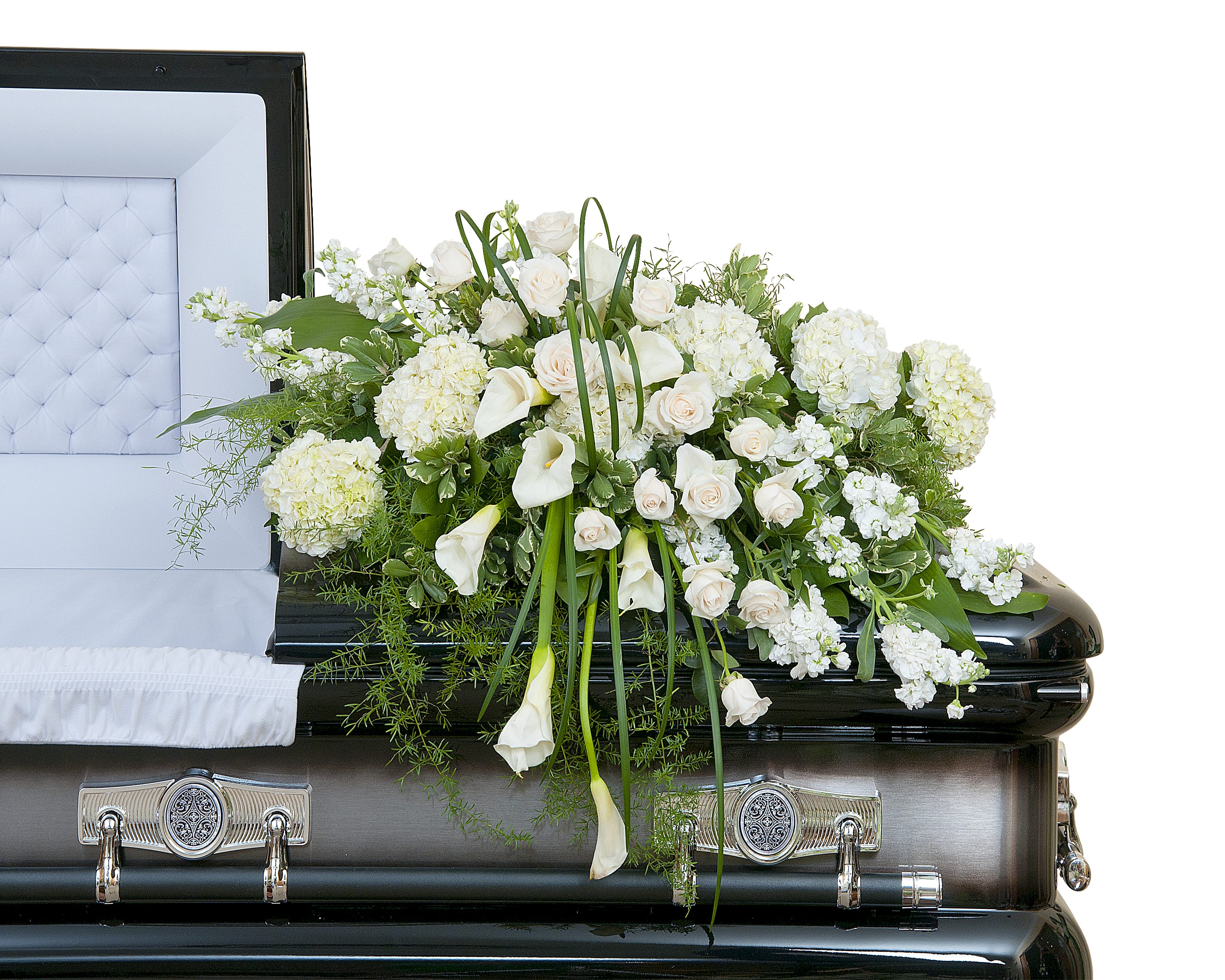 Elegant Love Casket Spray - Elegant white premium flowers in a lush casket spray.	Approximately 44" wide 36" deep