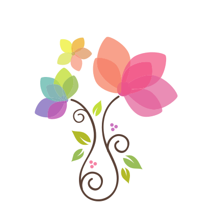 Colorful stylized flower graphic with swirling brown stems