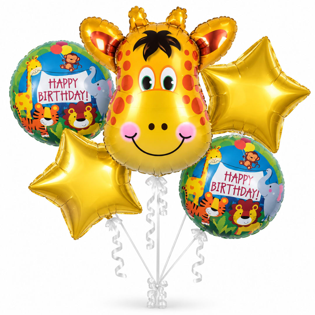 Birthday balloon bouquet with a giraffe face, stars, and two animal-print balloons
