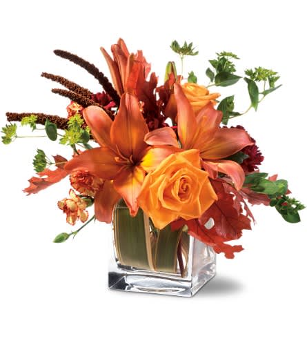 Autumn Spice - Subtle with a flicker of fire, this stunning floral arrangement is perfect for a someone who loves life, but also values understatement.     A stylish clear glass cube vase, filled with salmon-colored Asiatic lilies, orange roses, burgundy carnations, orange bi-color carnations, flax and bupleurum, accented with autumn leaves. Approximately 8" (W) x 11" (H) 