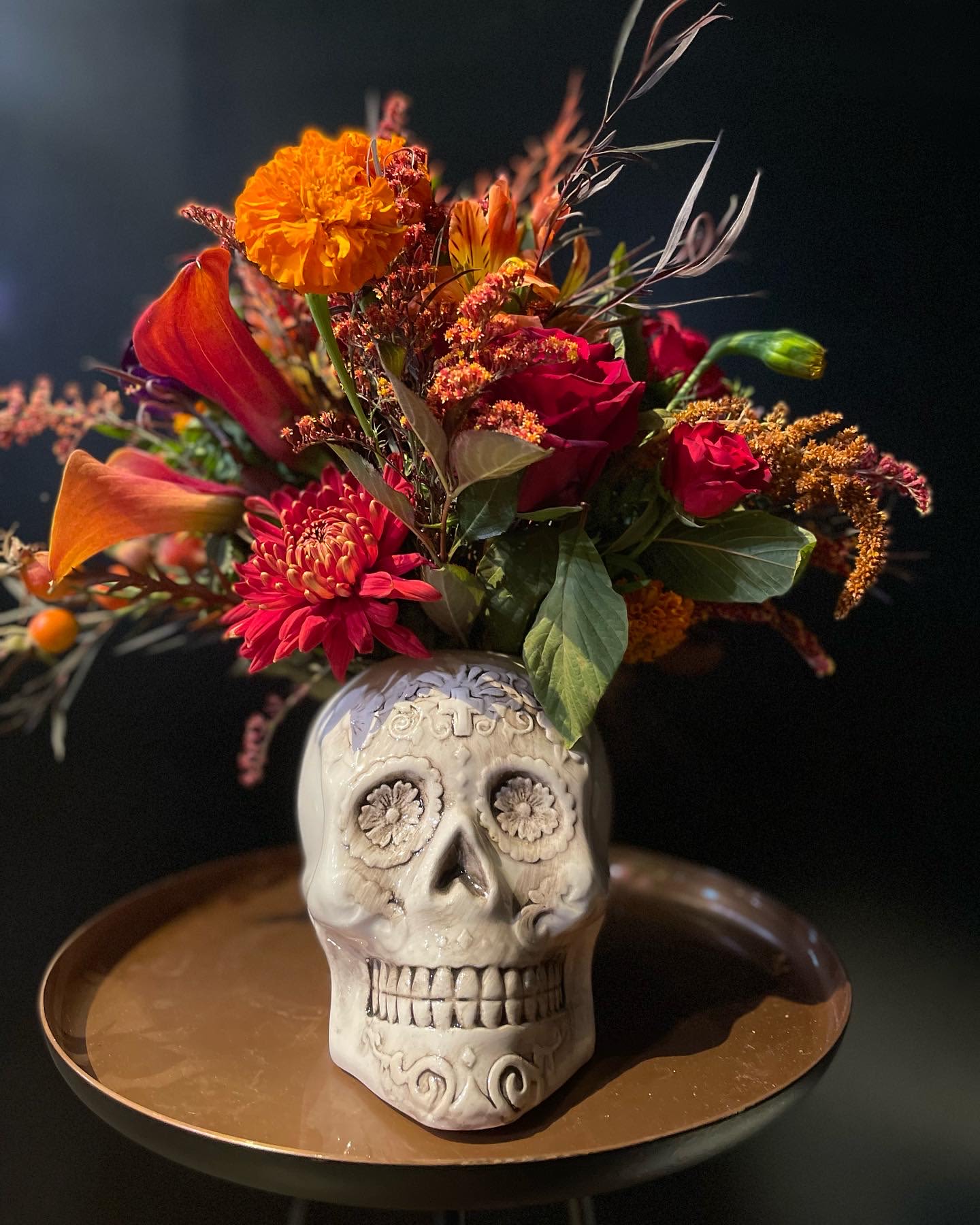 Skull me fall - Beautiful ceramic skull with seasonal fall flowers 