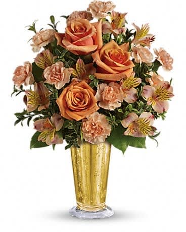 Teleflora's Southern Belle Bouquet - This gorgeous bouquet includes orange roses and orange alstroemeria arranged to perfection in our gold mercury glass julep. Orange roses, orange alstroemeria and orange miniature carnations are accented with assorted greens. Delivered in Teleflora's large gold julep vase.