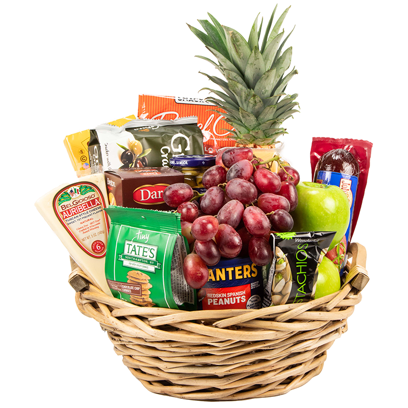 Fruit &amp; Sack Basket - Fruit &amp; Snack Basket is a generous assortment of fresh, hand-selected fruit paired with savory and sweet favorites. Crisp apples and juicy grapes are complemented by a variety of cheeses, crackers, cookies, nuts, and olives, creating a well-balanced basket that’s perfect for sharing. Whether you’re sending a thank-you, a get-well gift, or something thoughtful just because, this classic gourmet basket offers something for everyone to enjoy. If the recipient has any food allergies or dietary concerns, please give us a call and we’ll be happy to adjust items to make this gift just right.
