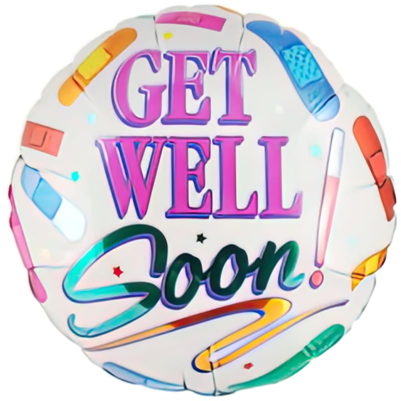 Round balloon with "GET WELL Soon!" text and colorful bandage graphics