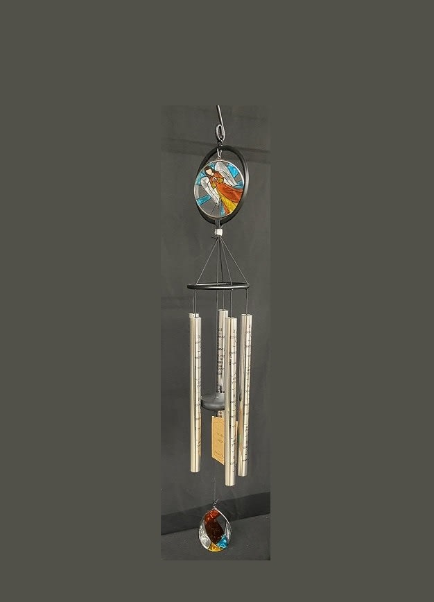 Hanging metal wind chime with stained-glass accents