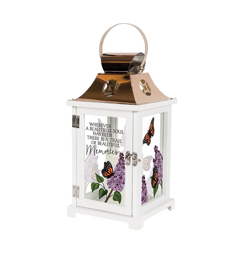 White memorial lantern with butterfly and lilac flower design