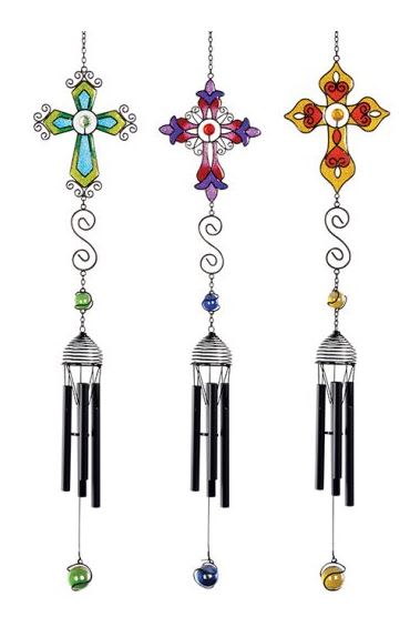 Cross Suncatcher Mini-Chime  - This colorful sun catcher mini chime is 26in long. Glass color will vary. Sold individually (Standard) or displayed on an easel with floral design (Deluxe). It can also be mounted on a shepherds hook planted in a dish garden planter of assorted living plants and fresh cut flowers (Premium).