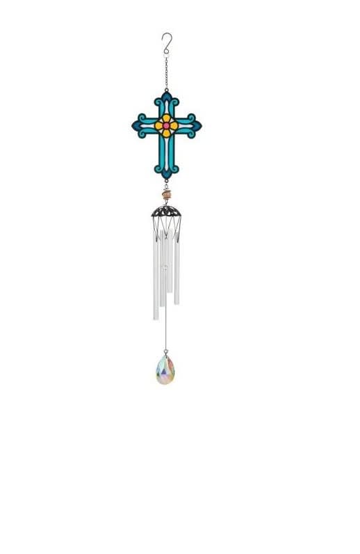 Decorative hanging cross with dangling chimes and a faceted crystal drop