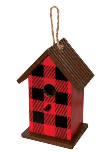 Red and black plaid wooden birdhouse with a rope hanger