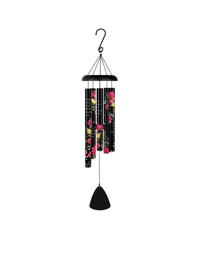 Black floral wind chime with hanging tubes and a bell-shaped clapper