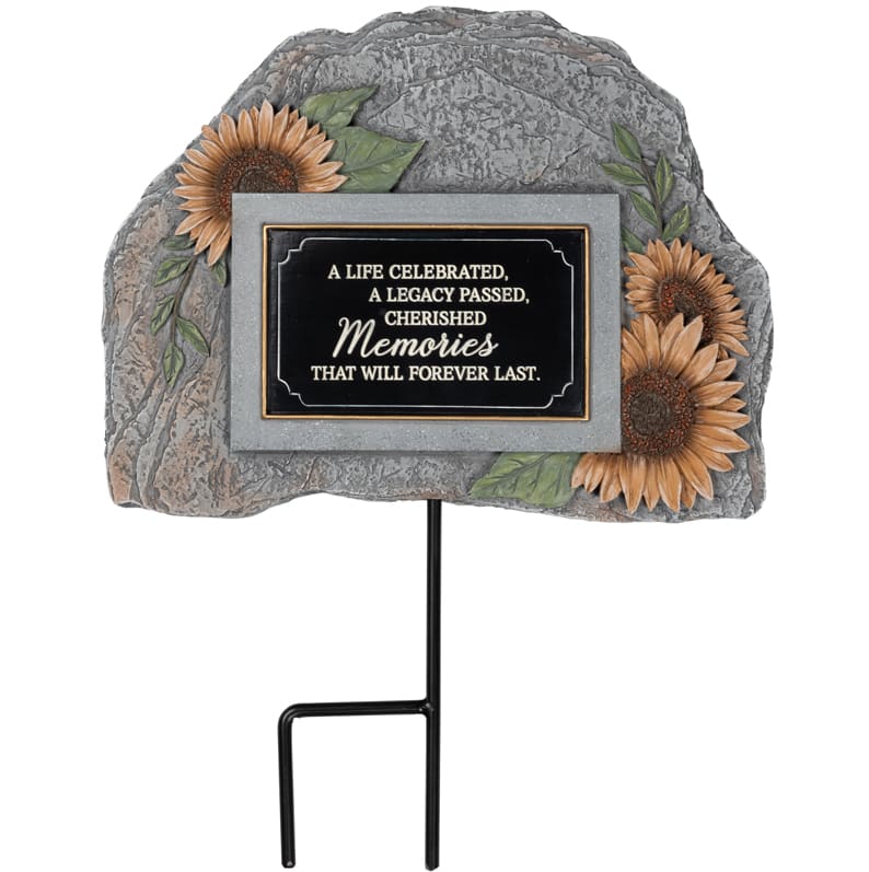 Memorial plaque on a stone-shaped stake with sunflower accents