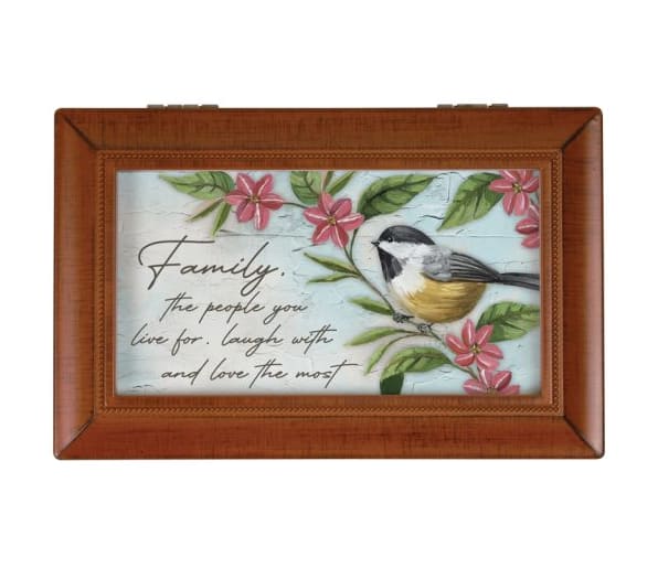 Framed wall plaque with a bird, pink flowers, and family quote