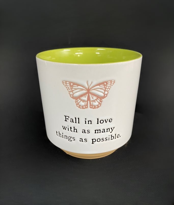 White ceramic cup with a butterfly and quote