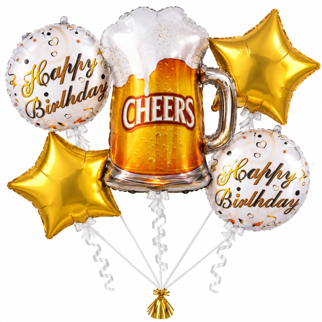 Birthday balloon bouquet with beer mug and gold star balloons