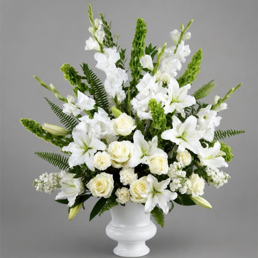 White lilies and roses arranged in a white vase