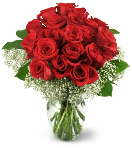 Two Dozen Red Roses - There's nothing more romantic than twenty-four of the finest red roses. Give this decadent bouquet as an anniversary gift, birthday present, or simply because you want to spoil your sweetie.  Two dozen red roses are accented with baby's breath and salal in a classic rose vase.